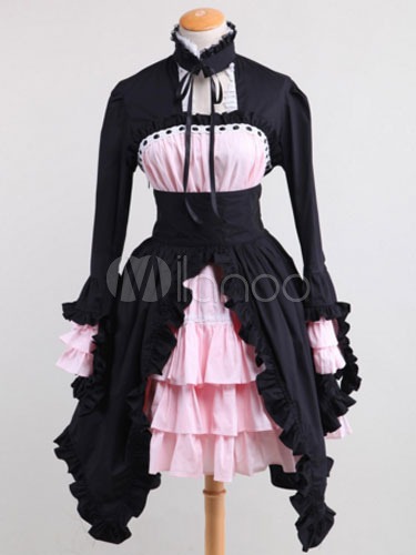 Black Pink Ruffles Cotton Gothic Lolita One-Piece steampunk buy now online