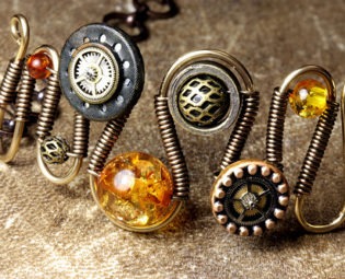 steampunk Jewelry made by CatherinetteRings - bracelet with vintage button modified with clock gears and amber steampunk buy now online