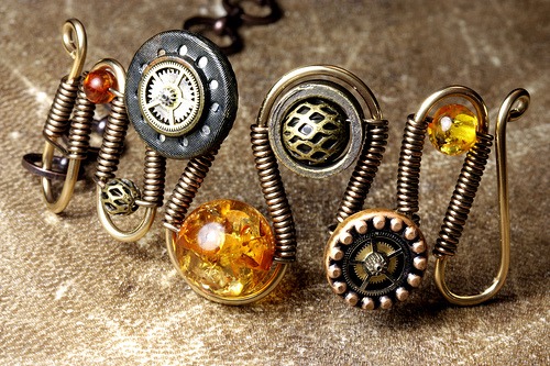 steampunk Jewelry made by CatherinetteRings - bracelet with vintage button modified with clock gears and amber steampunk buy now online