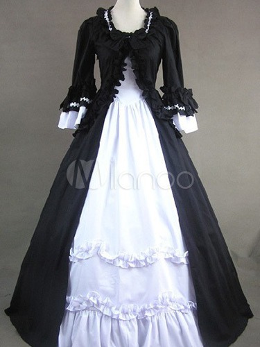 Gothic Black and white Poplin Long Sleeves Lolita One-Piece dress steampunk buy now online