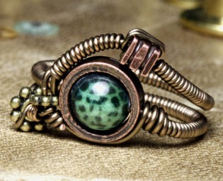 steampunk jewelry ring with green fire agate made by CatherinetteRings steampunk buy now online