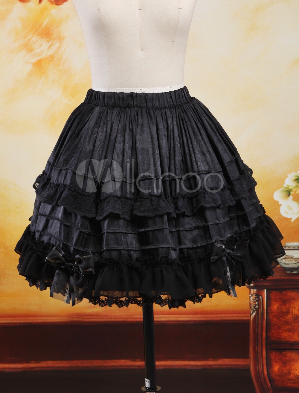 Gothic Black Bow Ruffles Jacquard Chiffon Lolita Skirts steampunk buy now online