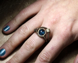 steampunk Jewelry Ring made by CatherinetteRings- Blue Crackle glass beads - picture on hand steampunk buy now online