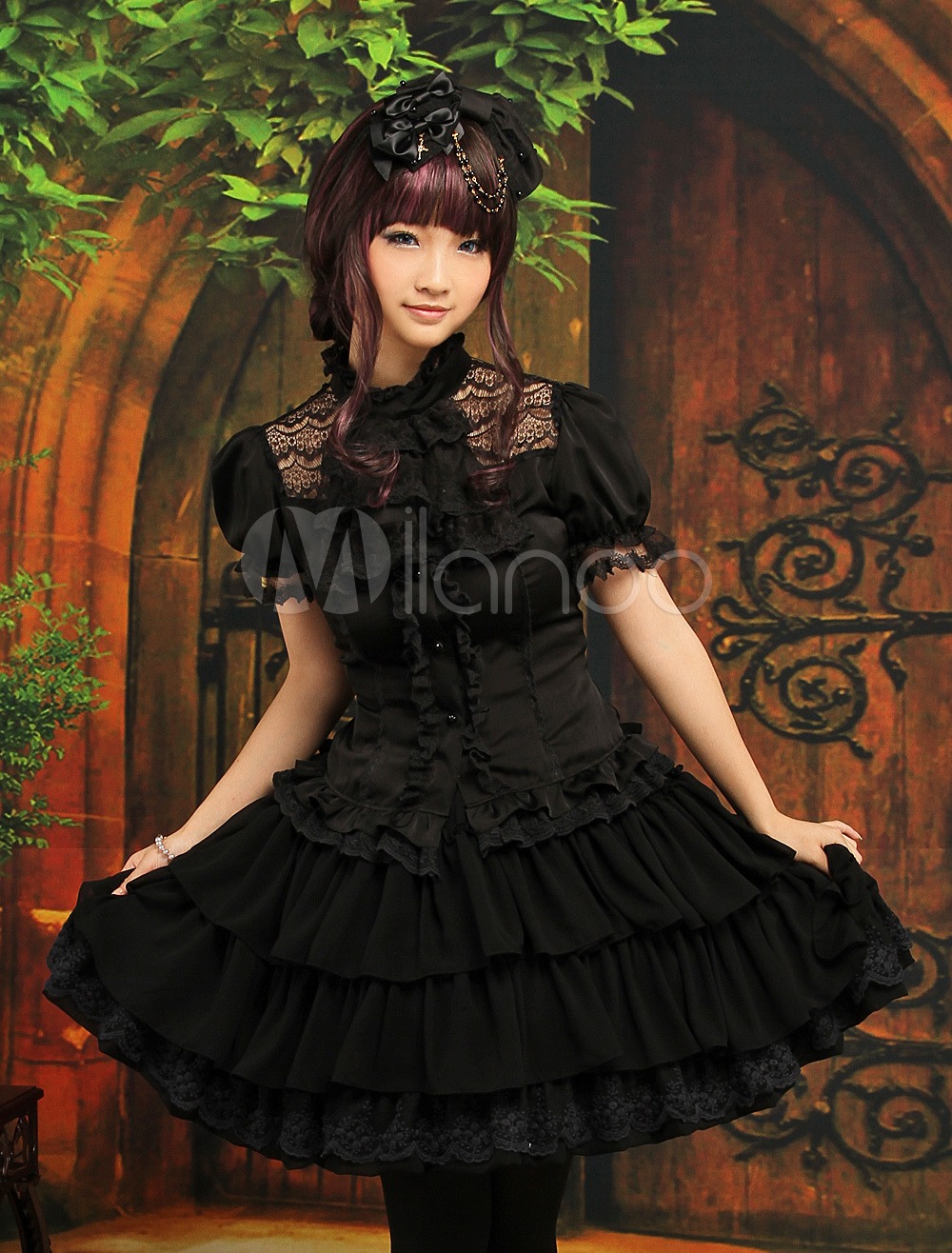 Gothic Black Layered Elastic Satin Chiffon Lolita Outfits steampunk buy now online