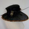 Large Upcycled Wide Brimmed Steampunk Black Hat With Bronze Ribbon Edging Large Rose And Feather Details And Large Owl Pendant With Chains by IndustriousImaginare steampunk buy now online