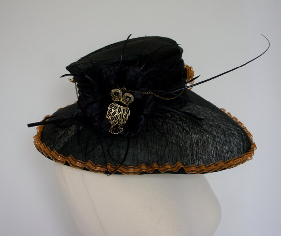 Large Upcycled Wide Brimmed Steampunk Black Hat With Bronze Ribbon Edging Large Rose And Feather Details And Large Owl Pendant With Chains by IndustriousImaginare steampunk buy now online