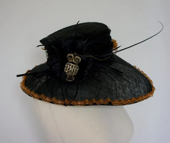 Large Upcycled Wide Brimmed Steampunk Black Hat With Bronze Ribbon Edging Large Rose And Feather Details And Large Owl Pendant With Chains by IndustriousImaginare steampunk buy now online