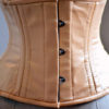 Short nude satin steelboned authentic waspie corset for tight lacing and waist training. Gothic, vintage, burlesque, pinup, steampunk, prom by Corsettery steampunk buy now online