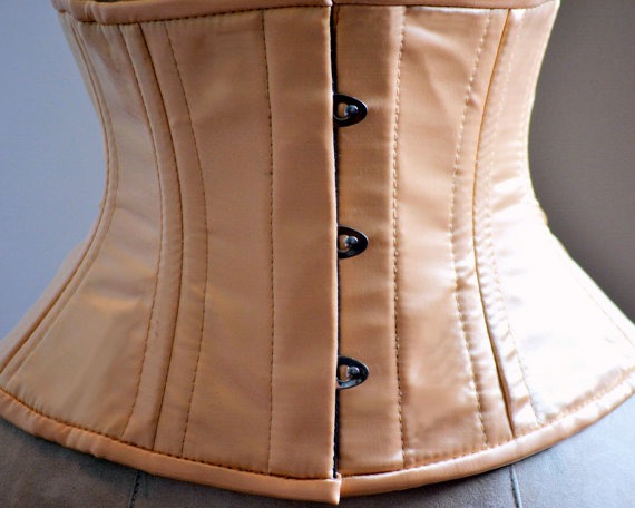 Short nude satin steelboned authentic waspie corset for tight lacing and waist training. Gothic, vintage, burlesque, pinup, steampunk, prom by Corsettery steampunk buy now online