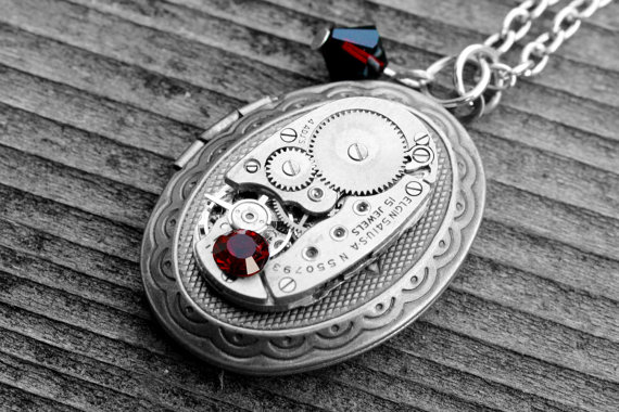 Brass Locket Necklace, Steampunk Locket, Swarovski Locket, Vintage Watch Locket, Brass Necklace, Red Swarovski Necklace by tasherajean steampunk buy now online