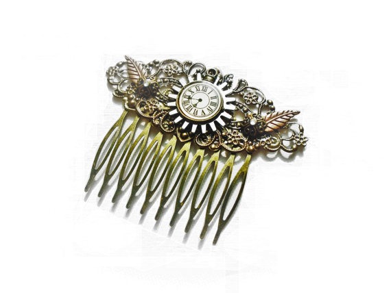 Victorian Steampunk Hair Comb, Steampunk hair accessories, Bridal Comb, Hair Accessory, Steampunk Wedding, Antique Bronze, Clock, Filigree by OneStopSteamShoppe steampunk buy now online