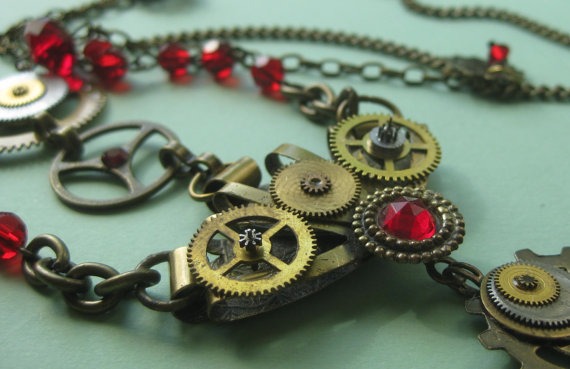 Steampunk Watch Gear Necklace, Victorian Watch Gear Necklace, Watch Gear Necklace, Red Crystal Necklace, Necklace 38" Long by GildedButterflyStudi steampunk buy now online