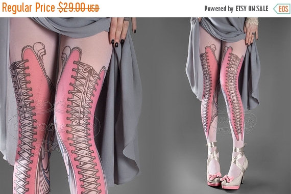 WinterSALE/// NEW light pink one size Elizabeth full length printed tights closed toe corset drawing pantyhose tattoo tights by tattoo socks by tattoosocks steampunk buy now online