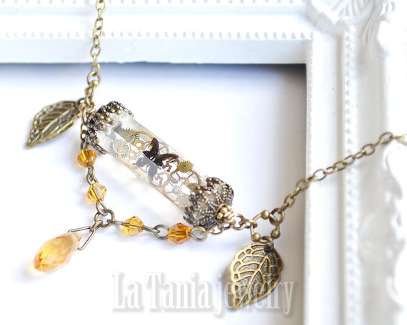 Steampunk Butterfly Necklace Orange, Leaf Charm Necklace, Steampunk Gears and cogs Necklace, Fantasy Necklace, Boho, Insect Necklace, Oddity by LaTaniaJewelry steampunk buy now online