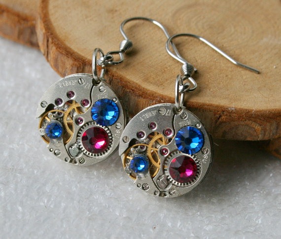 Steampunk Earrings Vintage Mechanical Watch Movement and Swarovski crystals , Clockwork Earrings , Steampunk jewelry by Olisava steampunk buy now online