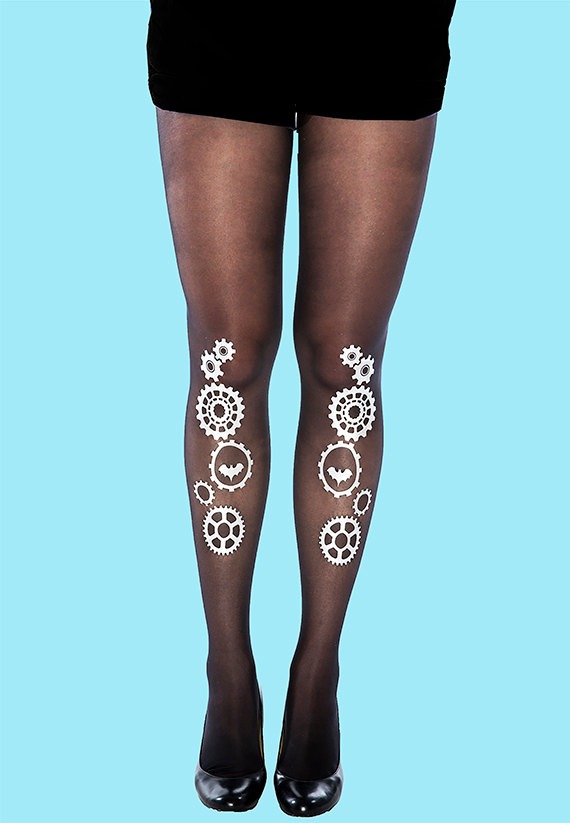 Tights for women, silver matt print, sheer black tattoo tights, available in S-M, L-XL gift ideas, holiday gift by SternTights steampunk buy now online