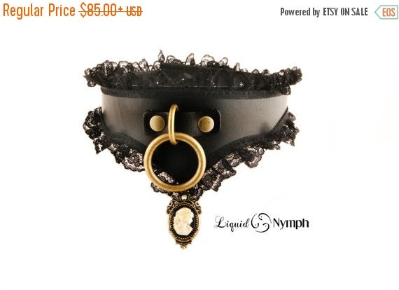 Sale: Cameo BDSM Collar Black Leather Lace Steampunk BDSM Bondage Hand Made in USA - Beautiful Victorian Slave and Fetish Choker Snaps/Locki by LiquidNymph steampunk buy now online