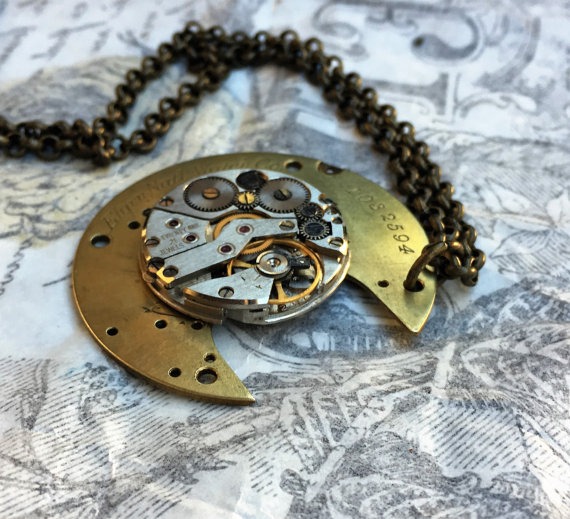 SALE Steampunk Gilt Watch Necklace, Sexy Men's Jewelry, Steampunk Wedding, Half Moon Necklace, Men's Necklace, Unique Jewelry, Techno by RetroHippieUnlimited steampunk buy now online