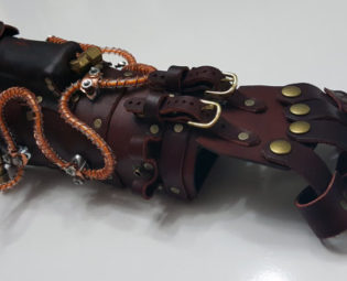 Steampunk Gauntlet (Right or Left) - Red Leather - Brass/Copper Hardware - Orange Lighting Effects by ModForgeLLC steampunk buy now online