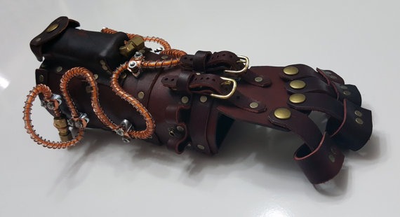 Steampunk Gauntlet (Right or Left) - Red Leather - Brass/Copper Hardware - Orange Lighting Effects by ModForgeLLC steampunk buy now online