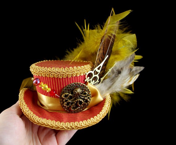 Red and Gold Steampunk Mini Victorian Riding Hat Fascinator, Marie Antoinette, Alice in Wonderland Mad Hatter Tea Party, Derby Hat by TheWeeHatter steampunk buy now online