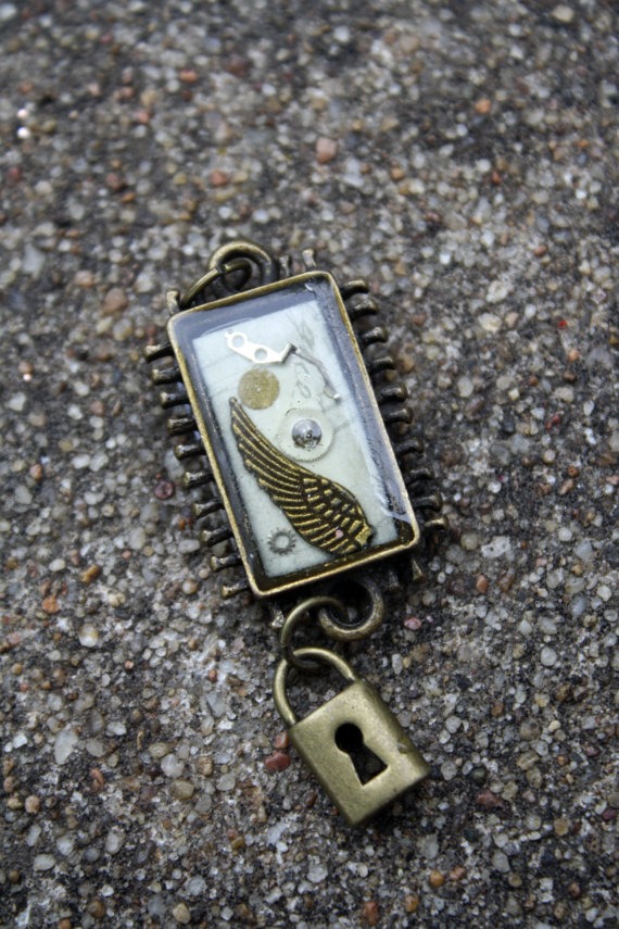Steampunk Pendant Rectangle Wings and Lock by CreativeCompendium steampunk buy now online
