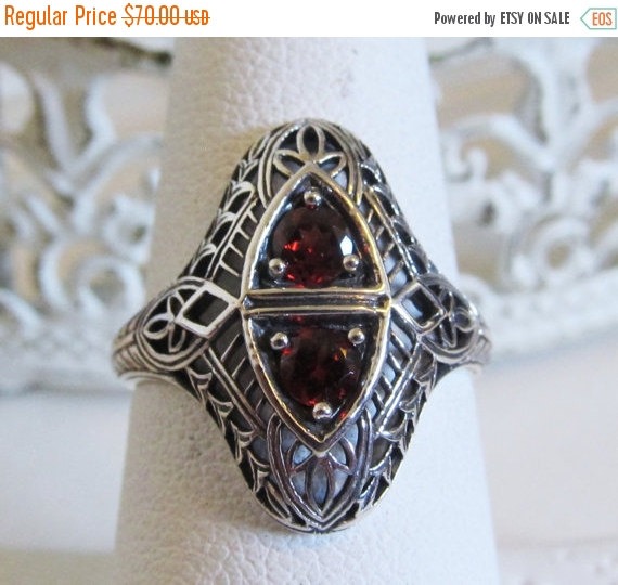 BLACK FRIDAY SALE Natural Garnet Two Stone Sterling Silver Filigree Ring/ Antique Vintage Art Deco Edwardian Style by PeacockVintageJewels steampunk buy now online