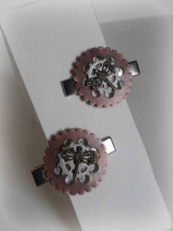 Steampunk Hair Clips/Dragonfly Steampunk Hair Clips/Metal Gear Hair Clips/Set of Dragonfly Hair Clips/Mixed Metal Hair Clips by GeekHatchery steampunk buy now online
