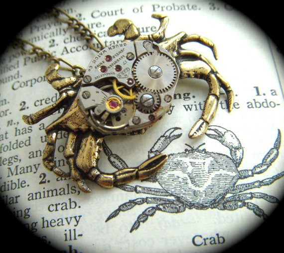 Steampunk Necklace Brass Crab Necklace Vintage Watch Movement Crab Nautical Sealife Popular Jewelry Rustic Gold Brass Metal Lightweight by CosmicFirefly steampunk buy now online