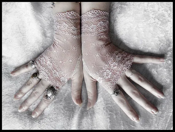 Minette Lace Fingerless Glove Mittens - Nude Blush - Ivory Floral Fishnet - Gothic Wedding Vampire Lolita Fetish Belly Dance Goth Bridal by ZenAndCoffee steampunk buy now online