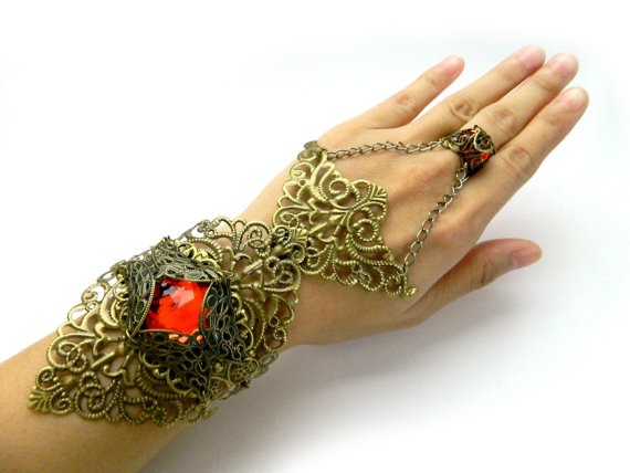 Ruby Red Steampunk Ether filigree bracer armor jewelry (12 color options) Bronze Metal filigree lace bracer / Slave Bracelet by PipStarPop steampunk buy now online