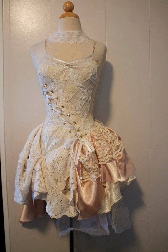 Made to Order - White and Off White Vintage Whimsical Merlot Dress by PatchedJester steampunk buy now online