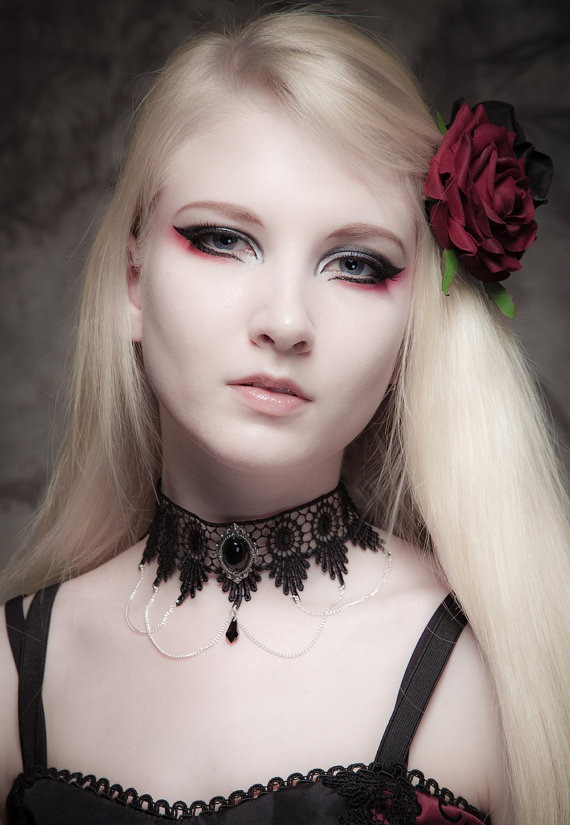 Goth lace choker Black Onyx pendant with elegant draped chains - Steampunk elegance SINISTRA by DarkEleganceDesigns steampunk buy now online