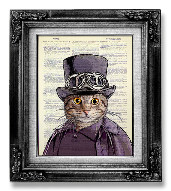 cat in a hat steampunk print on dictionary book page art poster reproduction