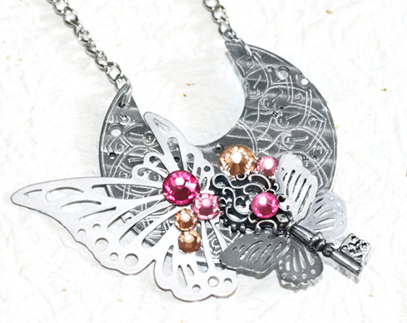 Steampunk Necklace - Ornate Butterfly Key GUILLOCHE ETCHED Antique Pocket Watch Movement Steampunk Necklace - Silver Butterfly Necklace Gift by TimeInFantasy steampunk buy now online
