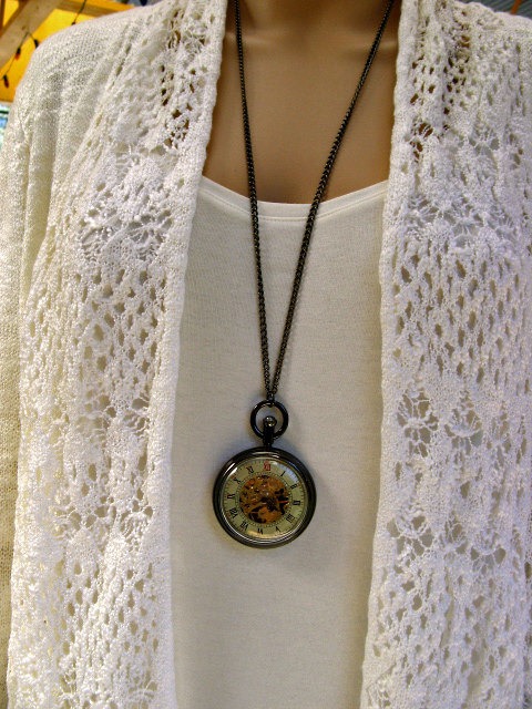 Steampunk Pocket Watch Necklace - Engravable Watch - Black Enamel Case - View Watch Gears - Women - Watch - MNW822nk by ArtInspiredGifts steampunk buy now online