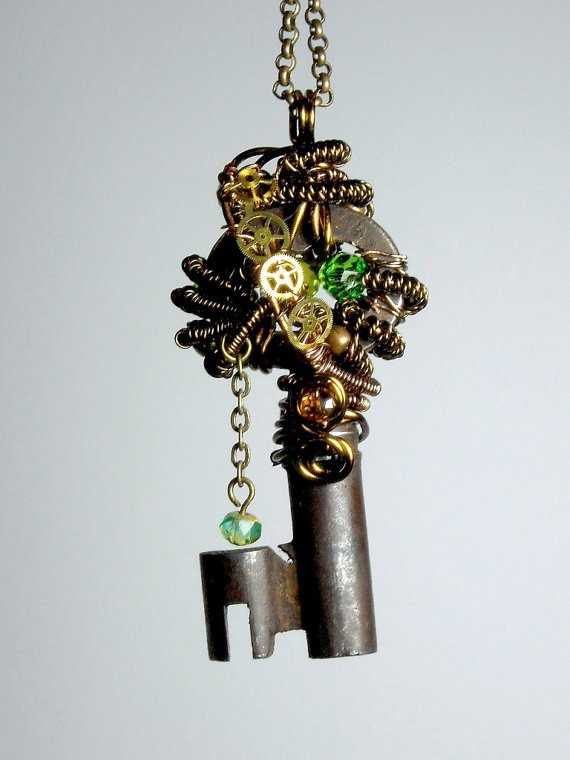 Steampunk Gadget Vintage Skeleton Key Wire Wrapped Pendant Necklace by Bluestarfire steampunk buy now online