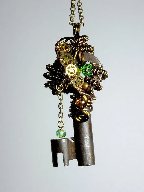 Steampunk Gadget Vintage Skeleton Key Wire Wrapped Pendant Necklace by Bluestarfire steampunk buy now online