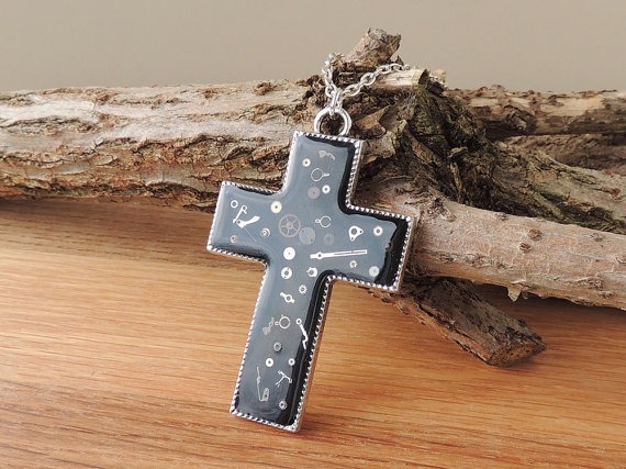 Large Black Cross Necklace, Crucifix Pendant with Small Watch Parts, Steampunk Jewelry, Resin Jewelry, Goth, Biker, UK (686) by JustKJewellery steampunk buy now online