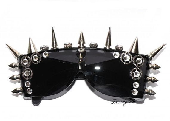 80s 90s rhinestones Large Metal Spiked Studded Metal GEARS sunglasses Eyewear DJ Party Sheild Shades by HausofTrashglam steampunk buy now online