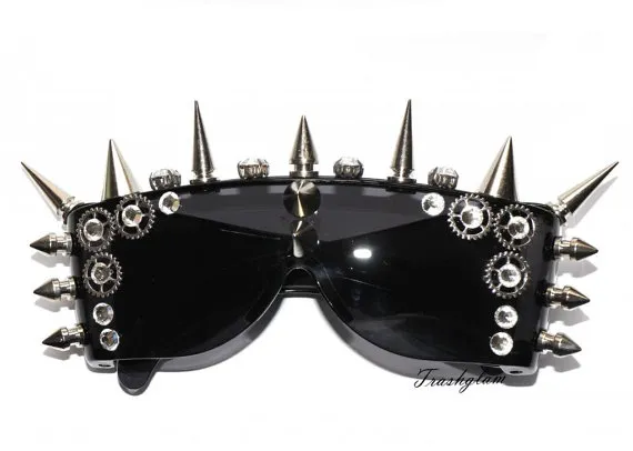 TRASHGLAM rhinestones Large Metal Spiked Studded Metal GEARS sunglasses Eyewear DJ Party Sheild Shades by HausofTrashglam steampunk buy now online