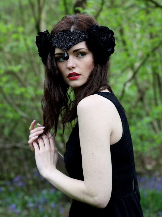 Black swan velvet flower headpiece, velvet rose crown, bridal beaded headdress by rougepony steampunk buy now online