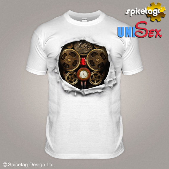 Steampunk Clockwork Robot T-shirt Cyborg Costume Tee Ripped Effect Movie Film Sci-Fi Steam Punk Halloween Vintage Horror Blood White Tshirt by Spicetag steampunk buy now online