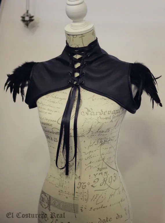 Short jacket in faux leather and feathers - Steampunk, burleske, gothic bolero by CostureroReal steampunk buy now online