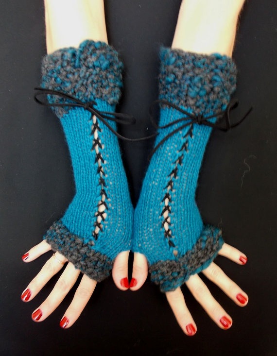 Fingerless Gloves, Long Corset Arm Warmers Handknit in Dark Turquoise/ Blue Victorian Style by LaimaShop steampunk buy now online