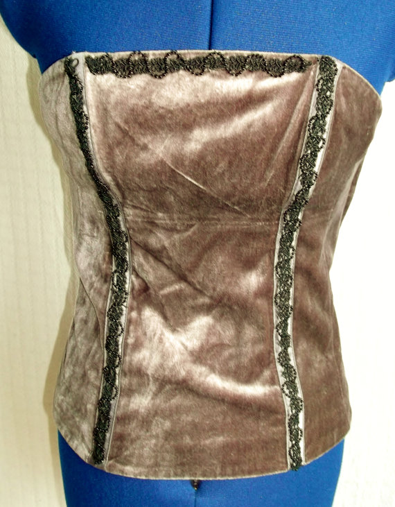Stunning Vintage grey velvet corset style top. Steampunk Victoriana with hand-embellished beadwork size 12 by WonkeyDonkeyBazaar steampunk buy now online