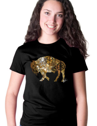 Ladies T-shirt Steampunk Buffalo Alison Kurek rust belt bison steel plant black gold mosaic gears by InspiredBuffalo steampunk buy now online