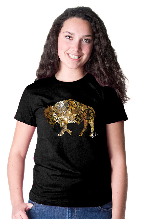 Ladies T-shirt Steampunk Buffalo Alison Kurek rust belt bison steel plant black gold mosaic gears by InspiredBuffalo steampunk buy now online