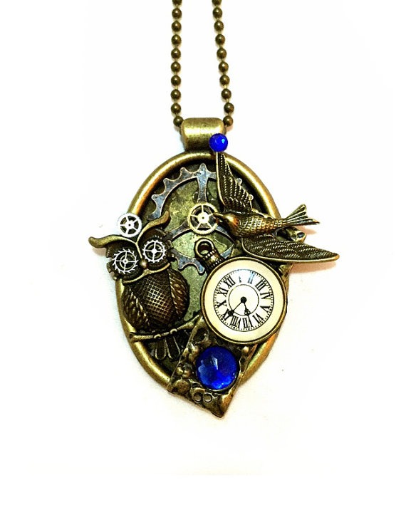 Steampunk Necklace, Owl Necklace, Steampunk Jewelry Steampunk Owl, Oval Collage Pendant, Blue, Clock, Vintage Watch Parts, Bird, Steam punk by OneStopSteamShoppe steampunk buy now online