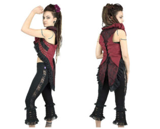 Magpie tail steampunk vest, red and black, victorian, burlesque, with big frills neck, corset at back, decorate, lace and rivets, trance by BaliWoodShop steampunk buy now online